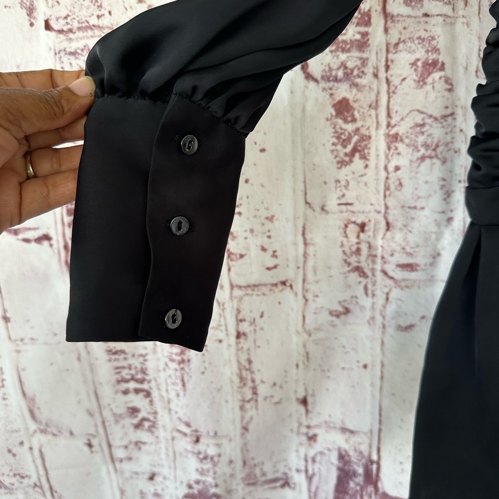 💥SOLD $25💥 RAMY BROOK Mini Dress M Black Ruched Feminine Sexy Goth Babydoll - Picture 5 of 11